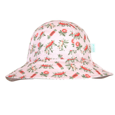 Acorn Kids Banksia sun hat with galahs and banksias