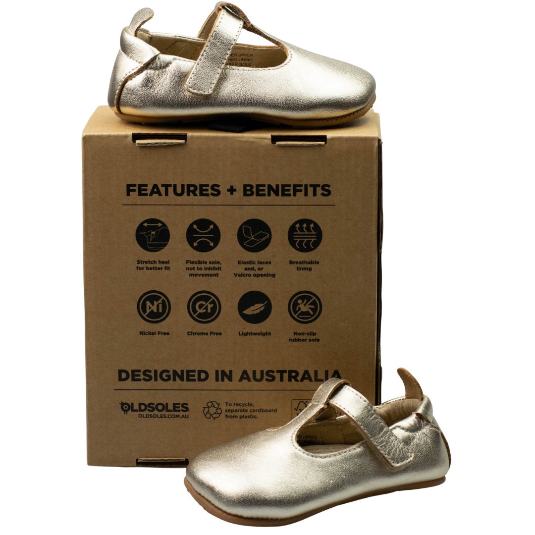 Old Soles OhMe-Bub Gold T-Bar baby shoes with Old Soles shoebox