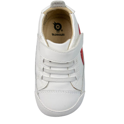 Old Soles white leather baby shoes with velcro strap and faux laces