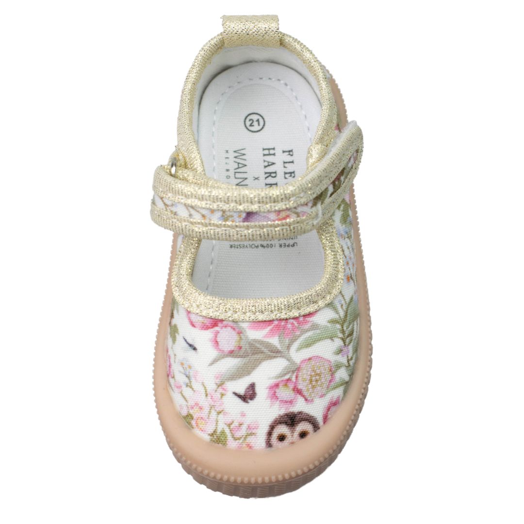 Walnut Melbourne Fleur Harris Mary Jane Spring time canvas shoe for toddlers and kids overhead view