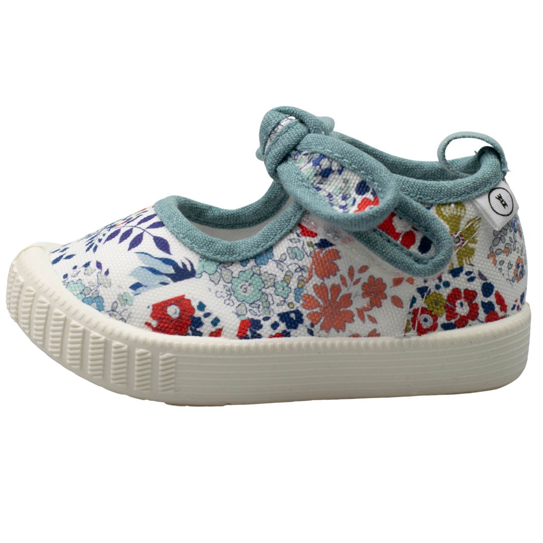 Walnut Melbourne Liberty Millie Canvas shoes with red and blue florals on a white background