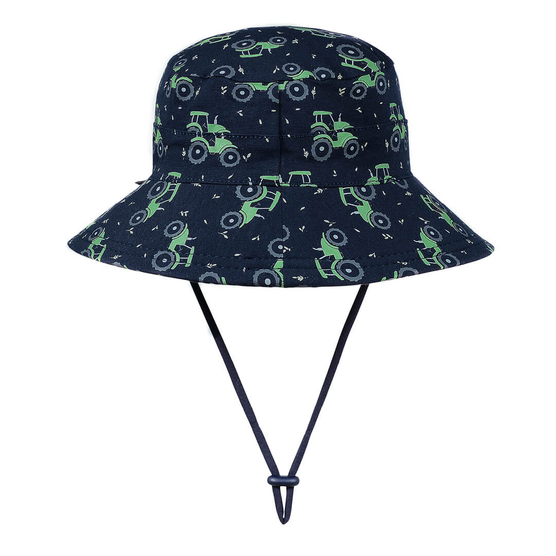 Bedhead Hats Tractor hat with green tractors on navy background with chin strap