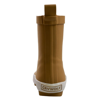 Crywolf Rainboots Tan heel view with Crywolf logo on rubber gumboot