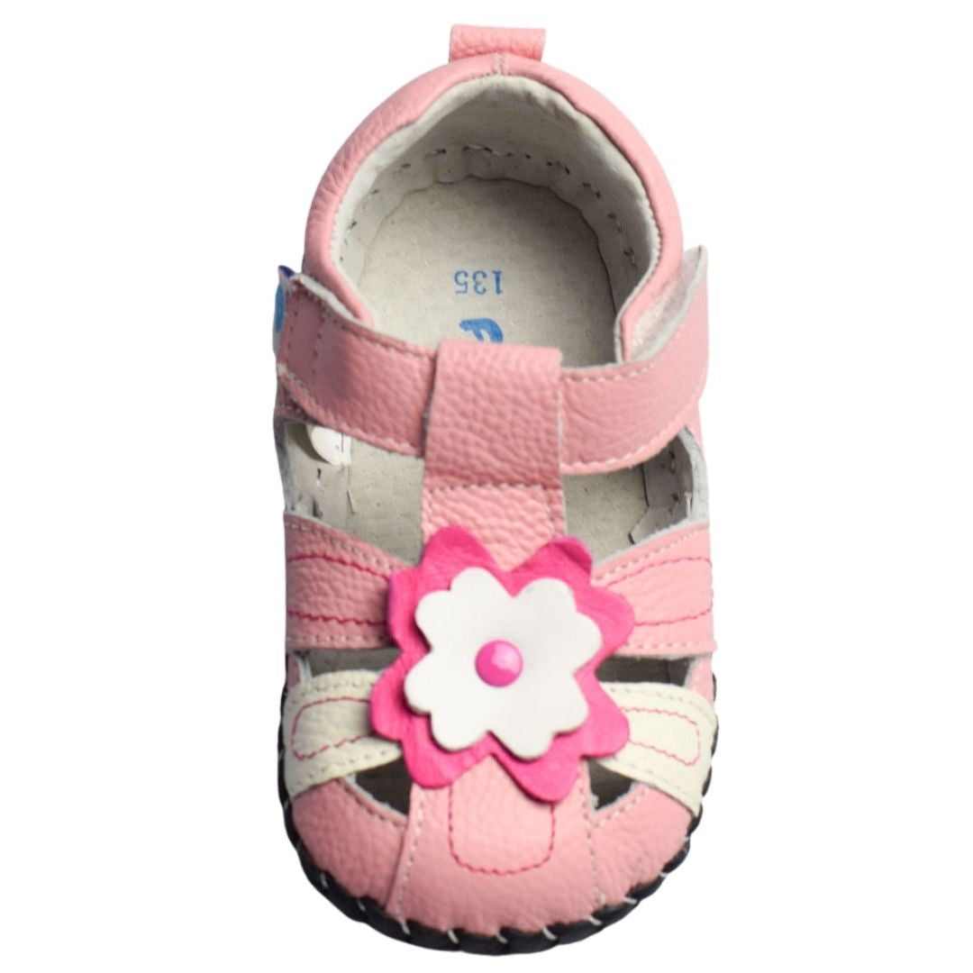 Freycoo Daisy Soft Sole Baby Sandals with velcro strap overhead view