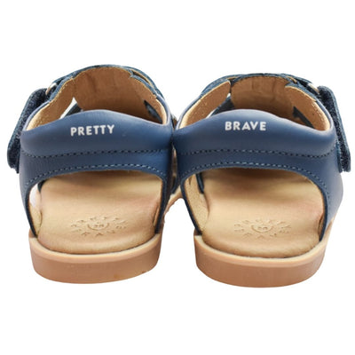 Pretty Brave Rocco denim sandals with branding on heel straps