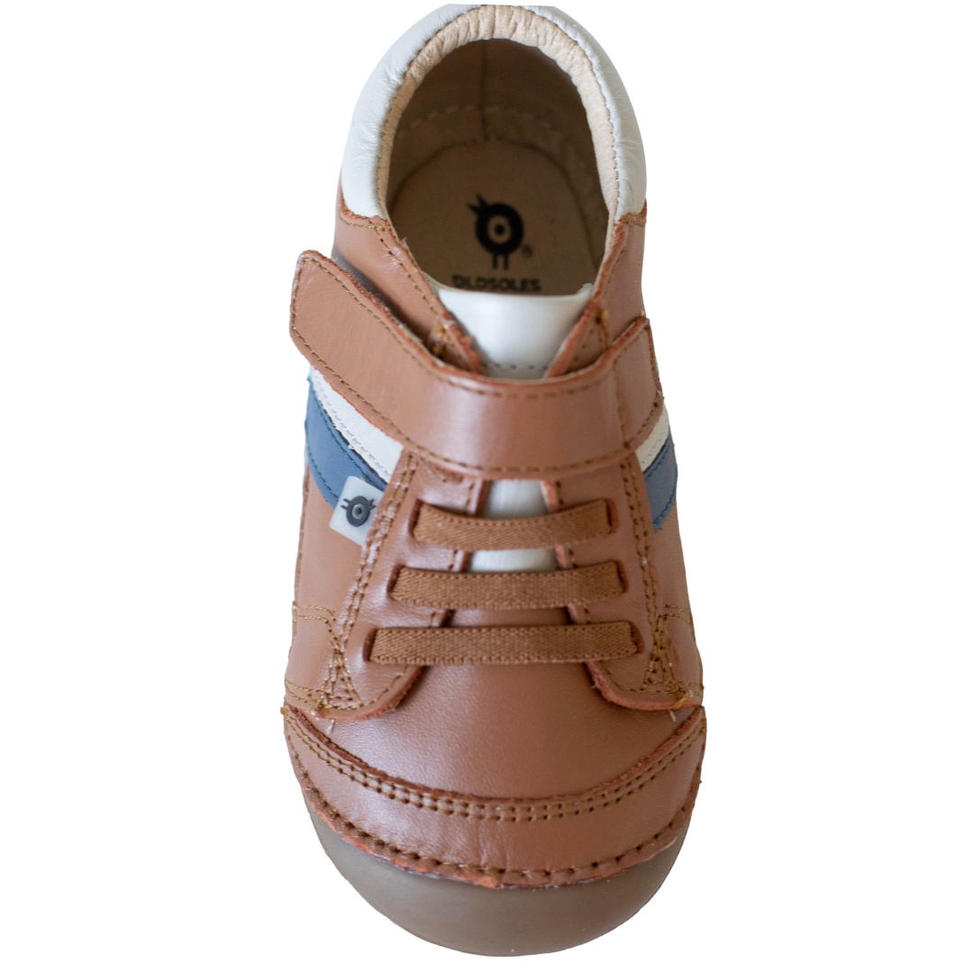 Overhead-view-of-Old-Soles-tan-sneaker-for-toddlers-with-faux-laces-and-velcro-strap