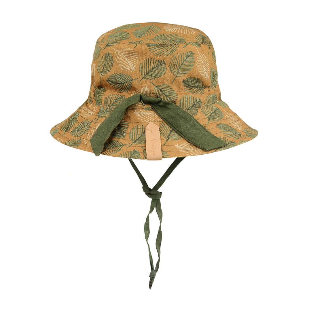 Bedhead Hats Oakley sun hat with olive and white leaf print on mustard background with olive green chin strap
